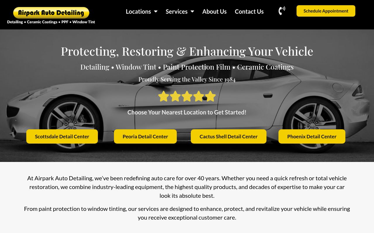 Homepage of Airpark Auto Detailing's website