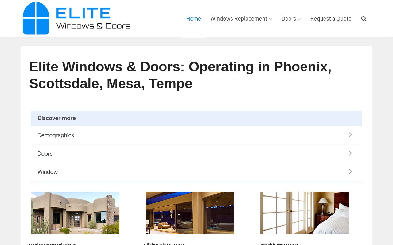 Homepage of Elite Windows and Doors's website