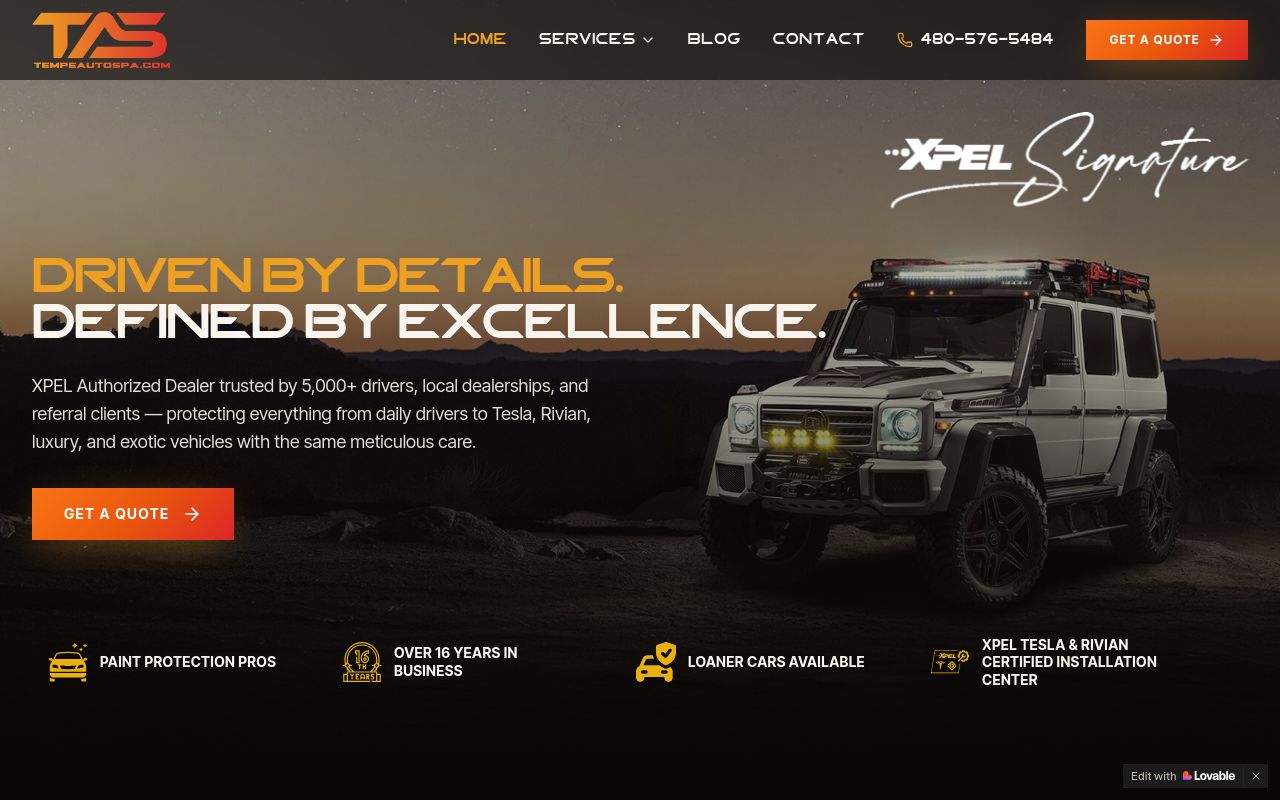 Homepage of Tempe Auto Spa's website