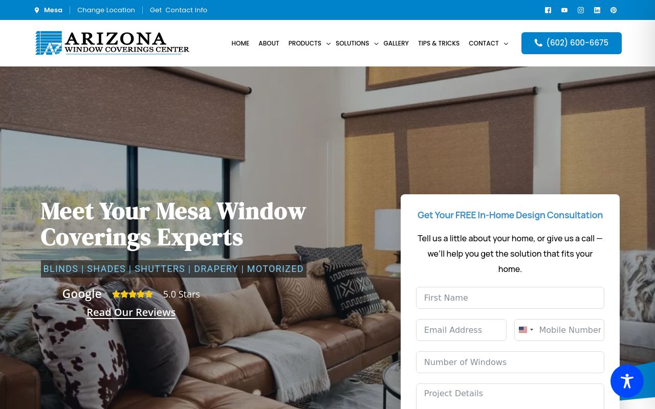 Homepage of Arizona Window Coverings Center's website