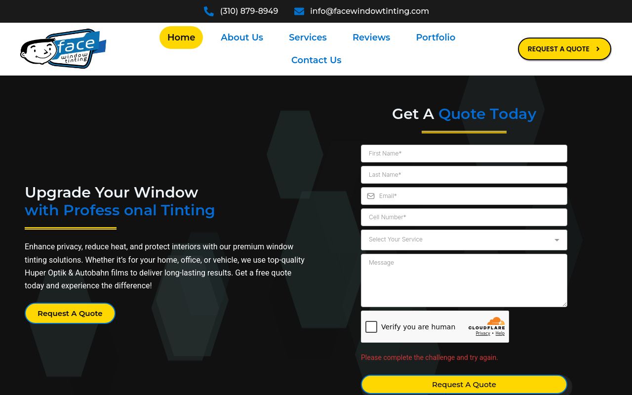 Homepage of Face Window Tinting's website