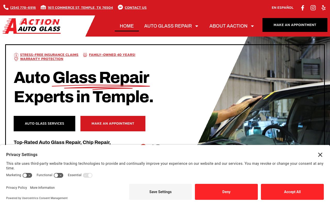 Homepage of Aaction Auto Glass's website