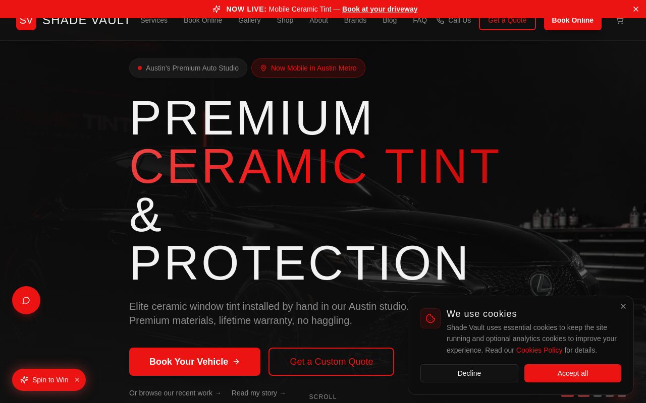 Homepage of shade vault's website