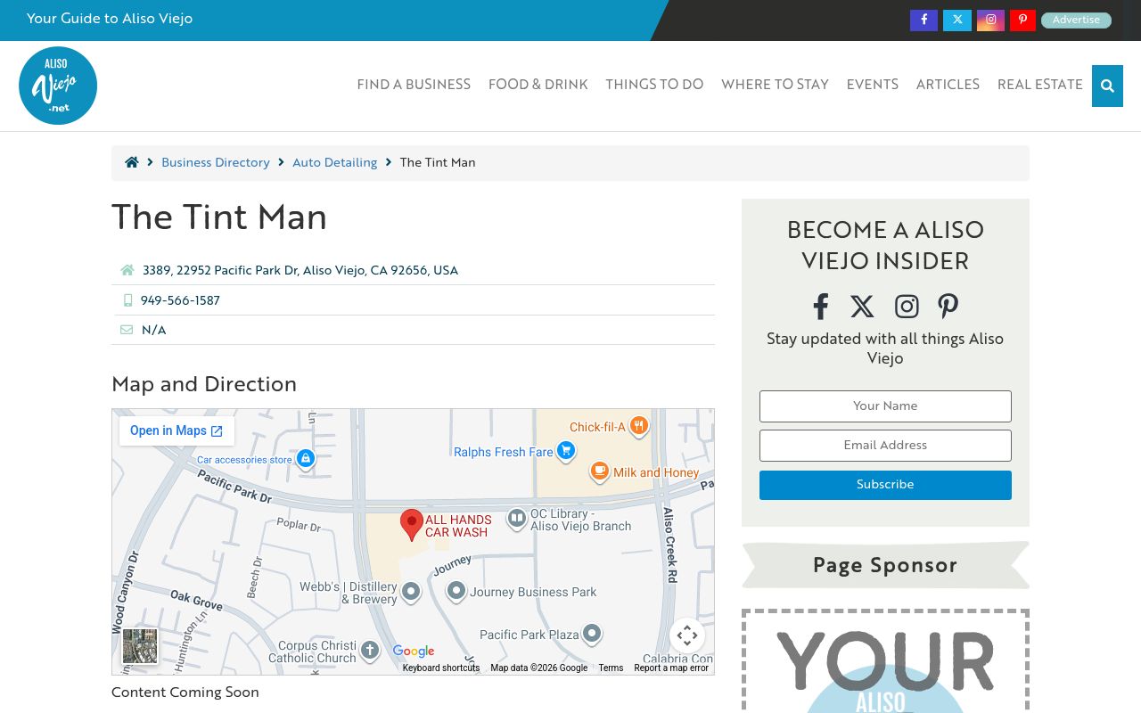 Homepage of Tint Man's website