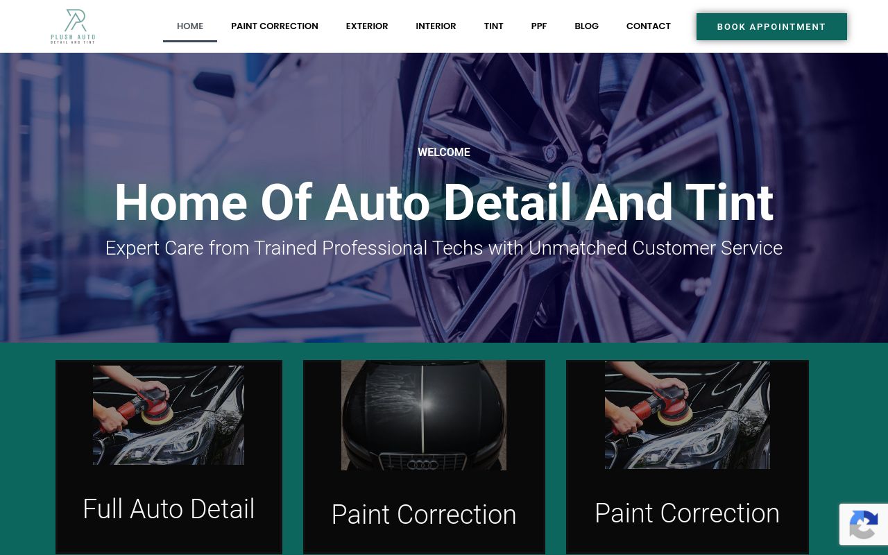 Homepage of Plush Auto Detailing and Window Tint's website