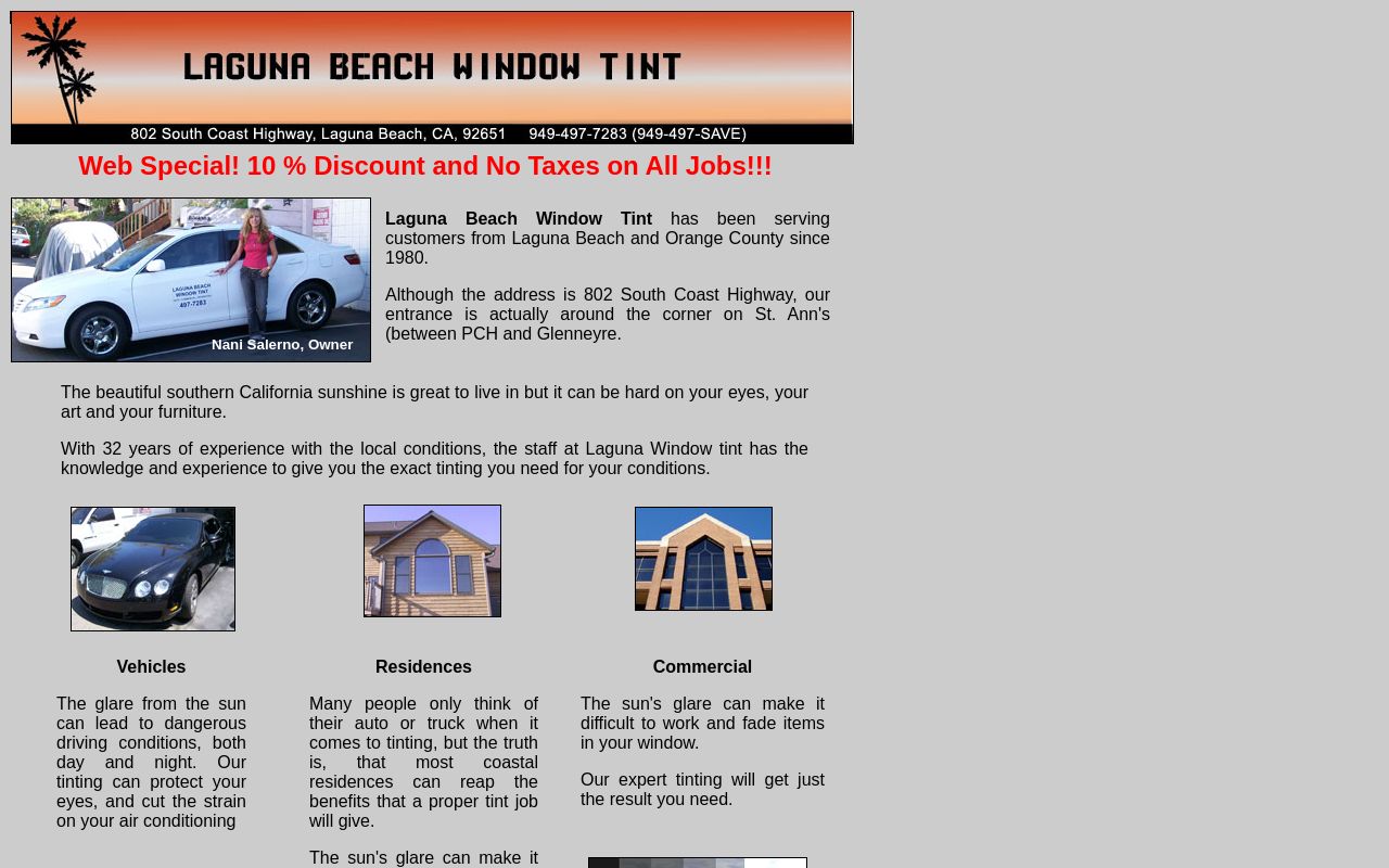 Homepage of Laguna beach window tint's website