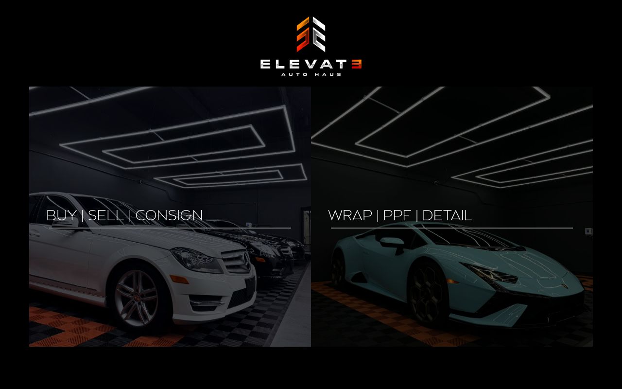 Homepage of Elevate Auto Haus | Buy, Sell, Wrap & Tint's website
