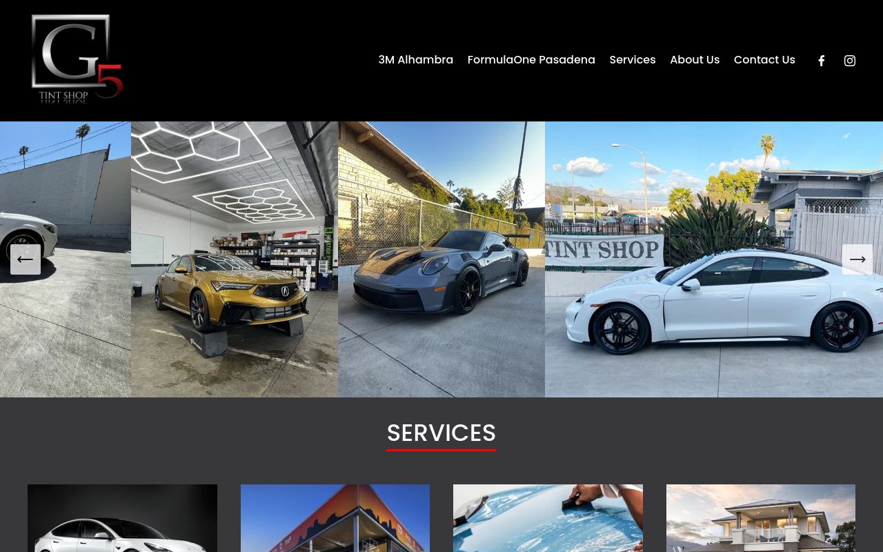 Homepage of G5 Tint Shop Alhambra's website