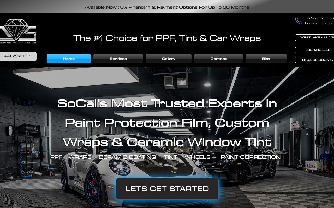 Homepage of Diamond Auto Salon, Orange County | PPF, Tinting & Car Wraps's website