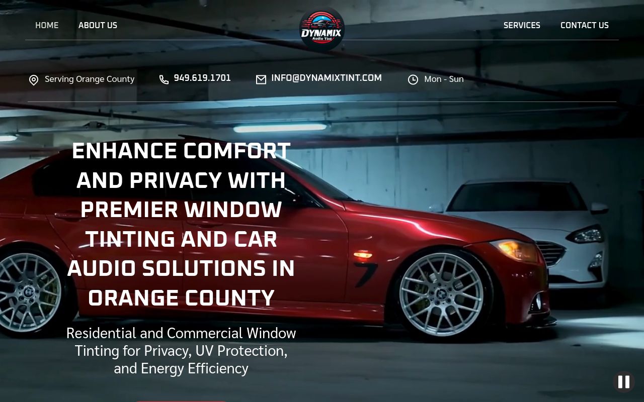Homepage of Dynamix Window Tint & Audio's website