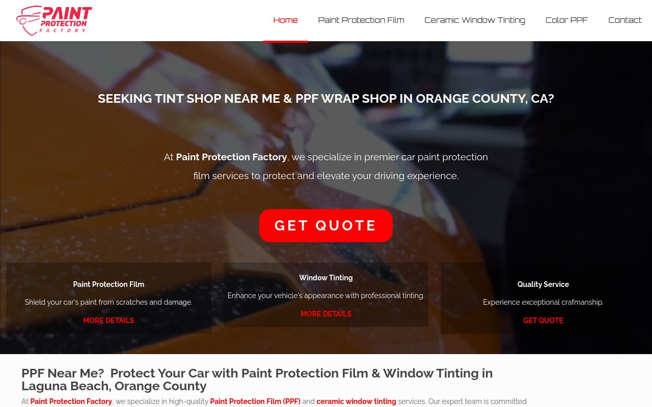 Homepage of Paint Protection Factory's website