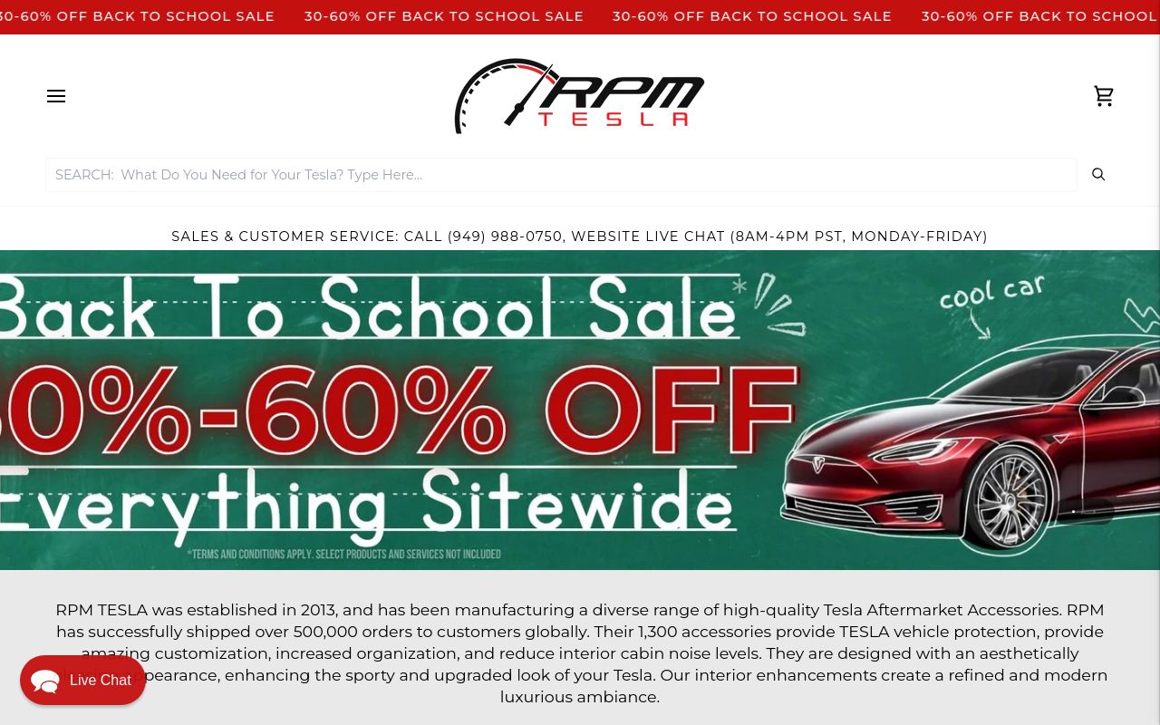 Homepage of RPM TESLA Aftermarket Accessories's website