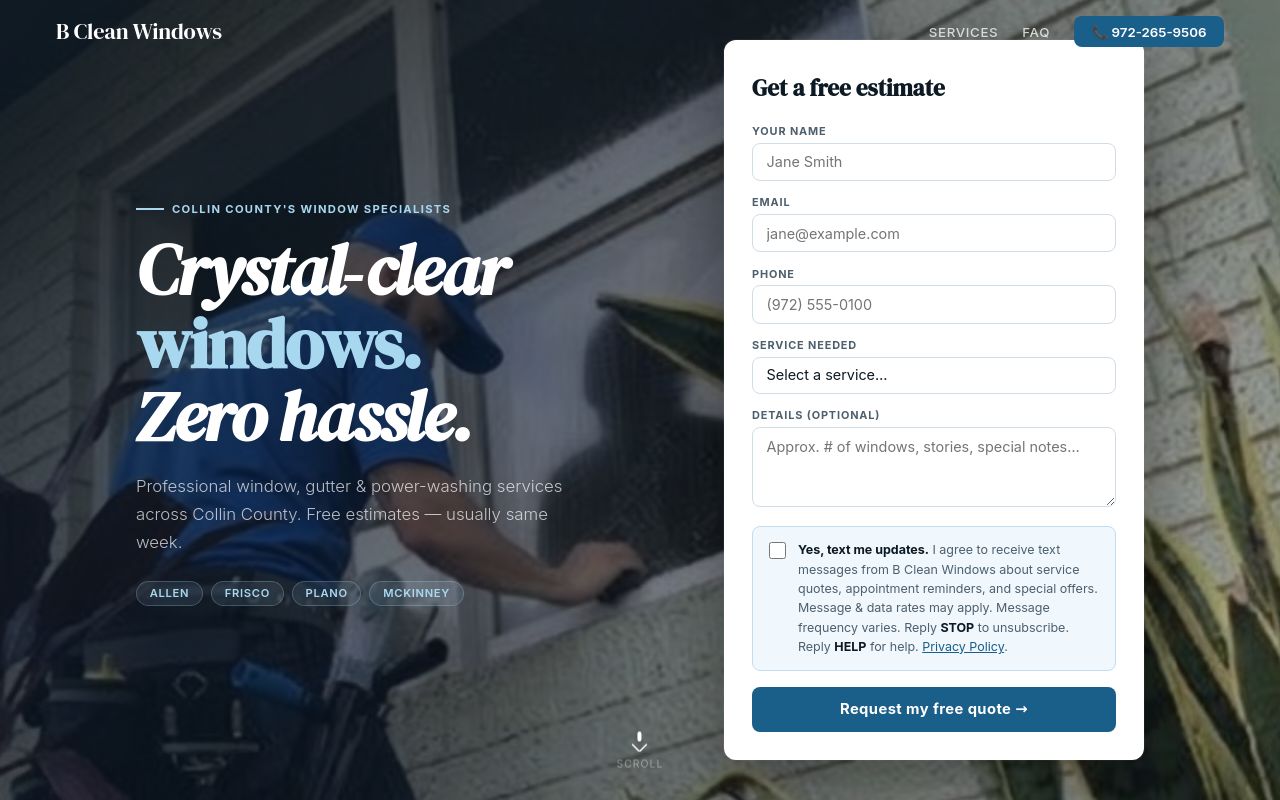 Homepage of B Clean Windows's website