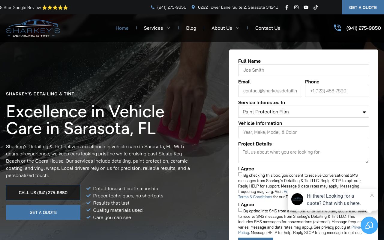 Homepage of Sharkey's Detailing & Tint's website