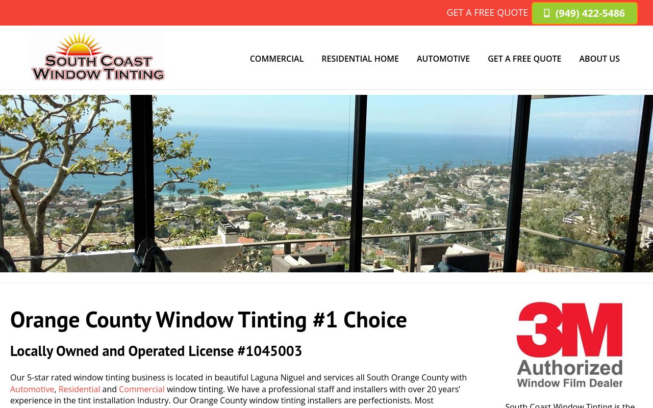 Homepage of South Coast Window Tinting's website