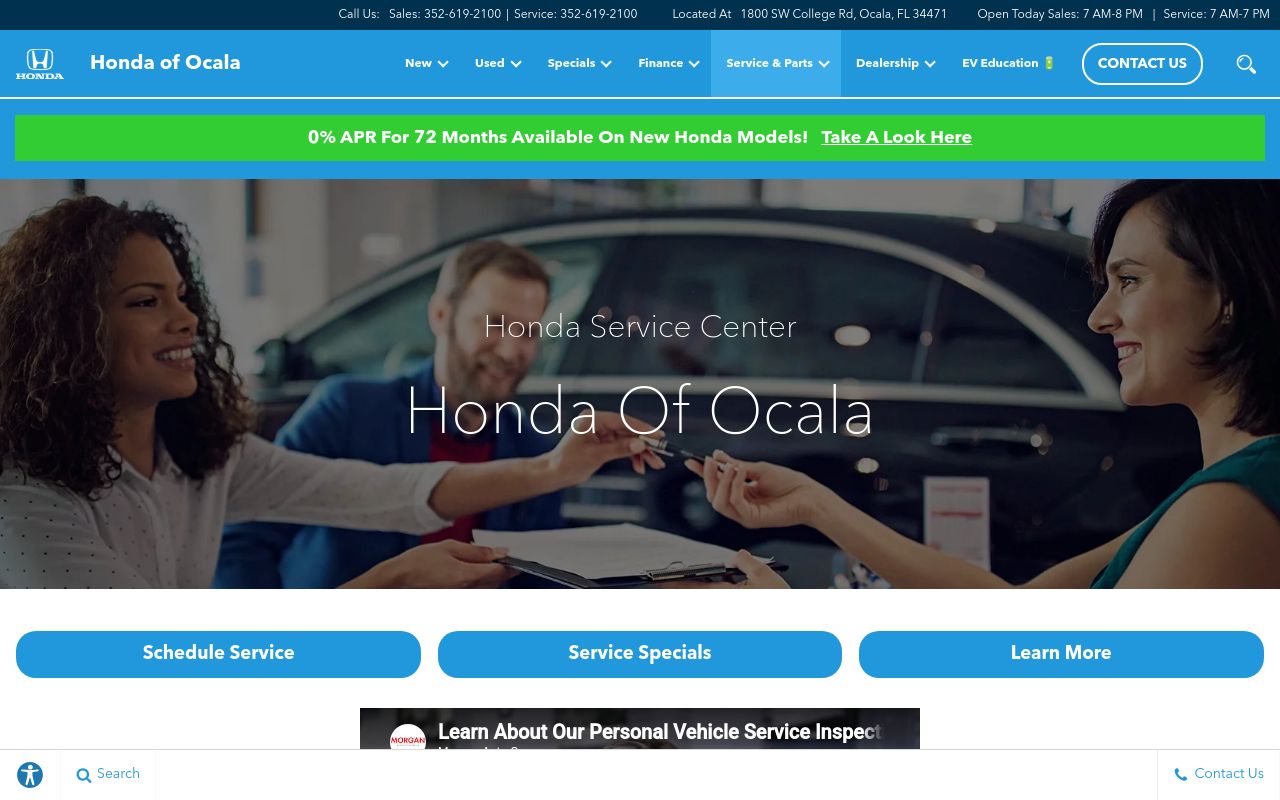 Homepage of Honda of Ocala Service Center's website