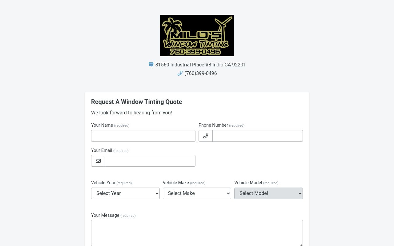 Homepage of Milo’s Window Tinting's website