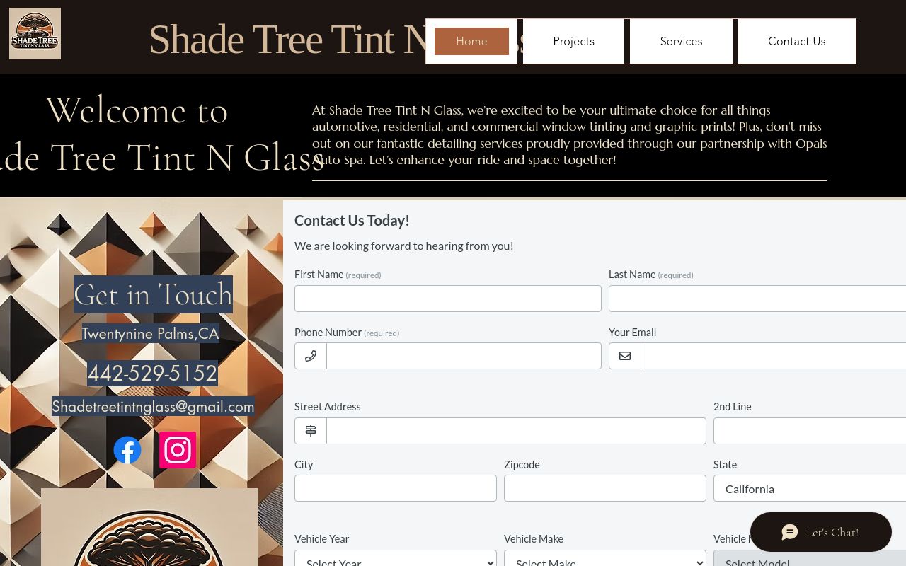 Homepage of Shade Tree Tint N Glass's website
