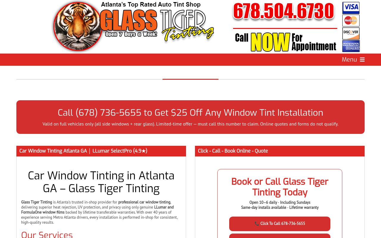 Homepage of Glass Tiger Tinting's website