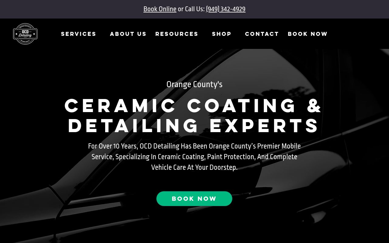 Homepage of OCD Detailing's website