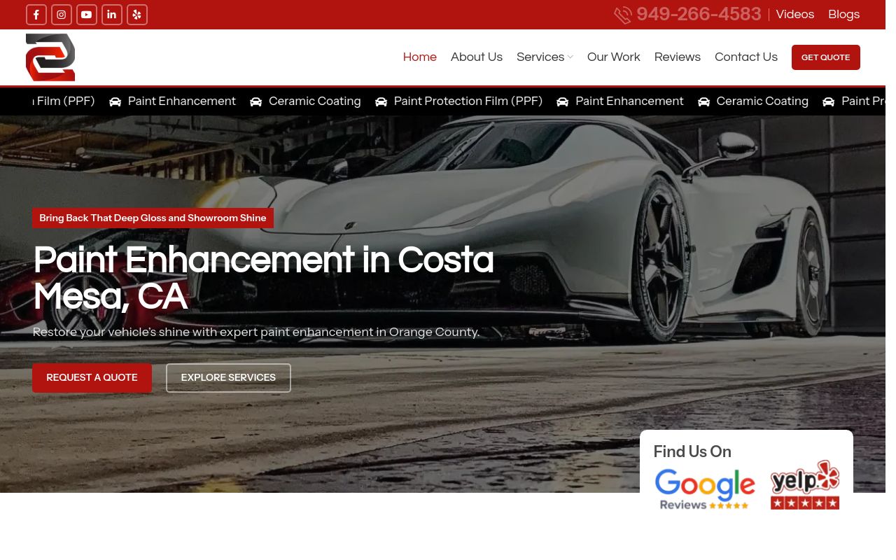 Homepage of Detailed Concierge:paint protection film, window tint, ceramic coating, clear bra's website