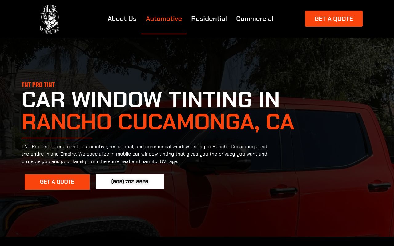 Homepage of TNT Pro Tint Mobile Services's website