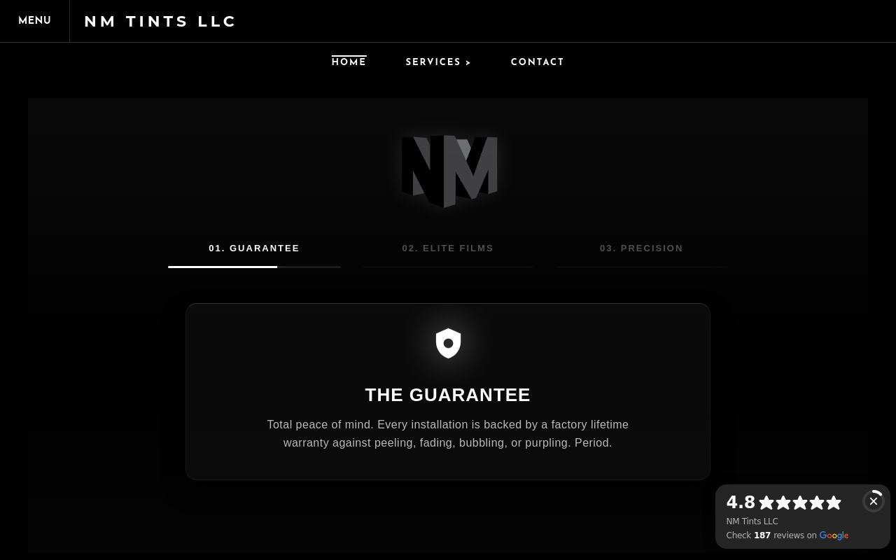 Homepage of NM Tints LLC's website
