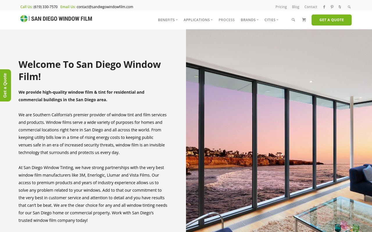 Homepage of San Diego Window Film's website