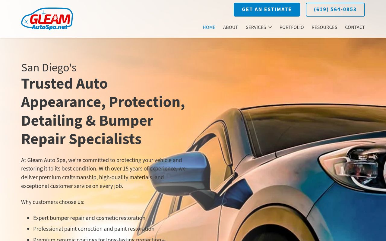 Homepage of Gleam Auto Spa's website