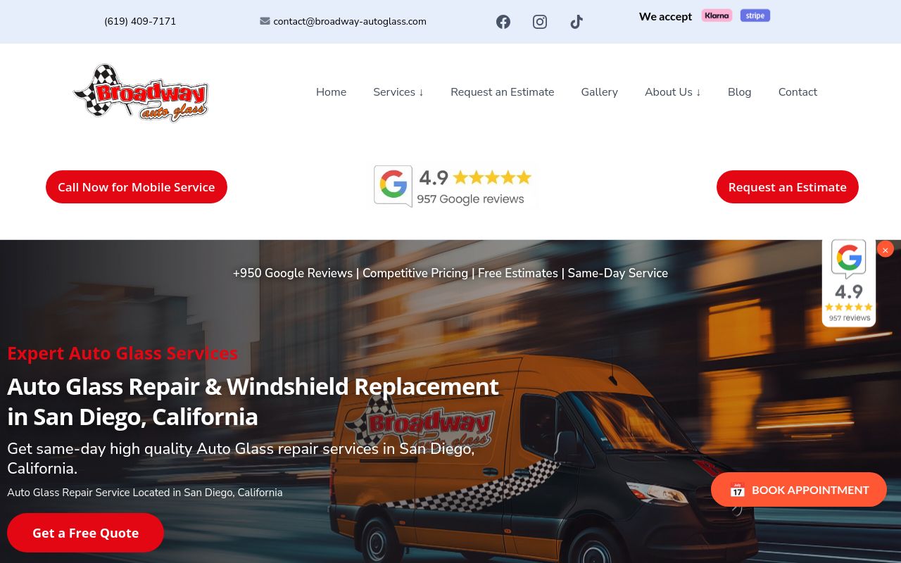 Homepage of Broadway Auto Glass San Diego's website