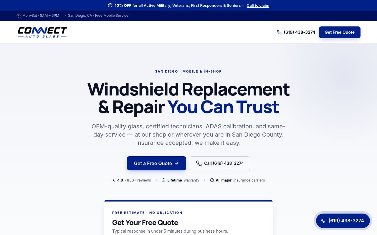 Homepage of Connect Auto Glass's website