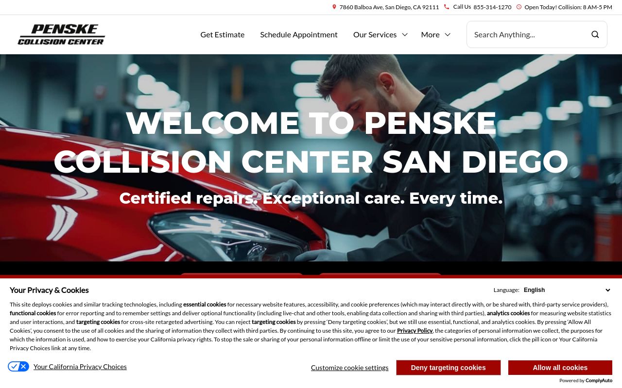 Homepage of Penske Rapid Repair San Diego's website