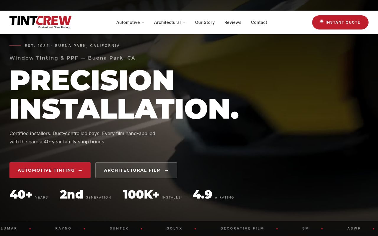 Homepage of Tint Crew's website