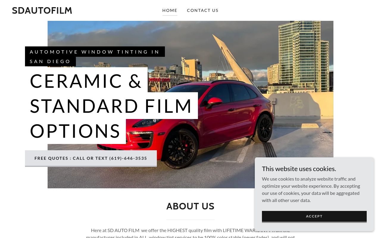Homepage of SD Auto Film's website