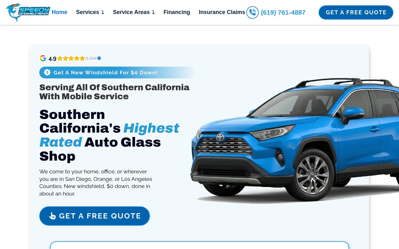 Homepage of Speedy Windshield Repair's website