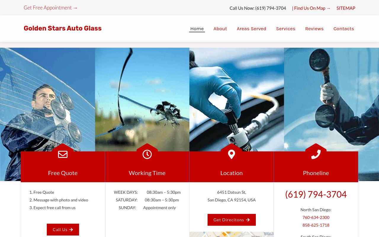 Homepage of Golden Stars auto glass's website