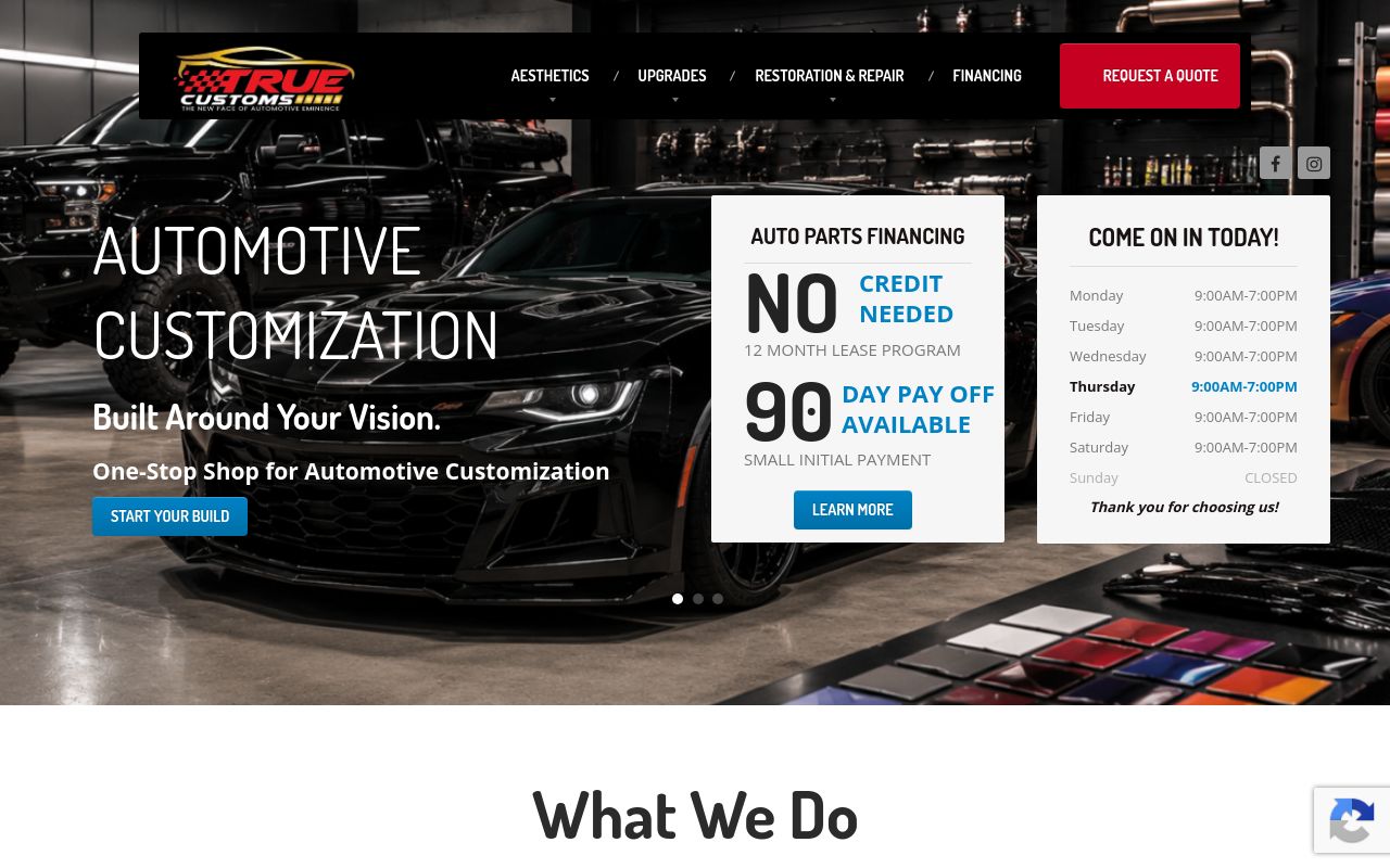 Homepage of True Customs's website