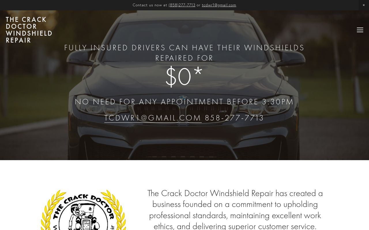 Homepage of The Crack Doctor Windshield Repair's website