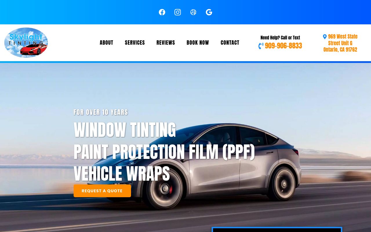 Homepage of Skylight Tinting's website