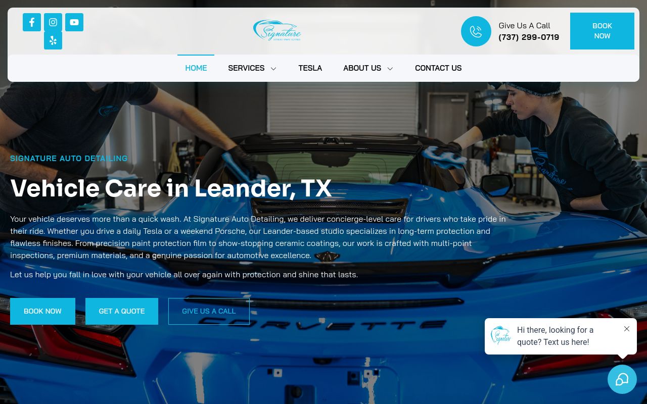 Homepage of Signature Auto Detailing, Ceramic Coating, PPF, Wraps, and Window Tint's website