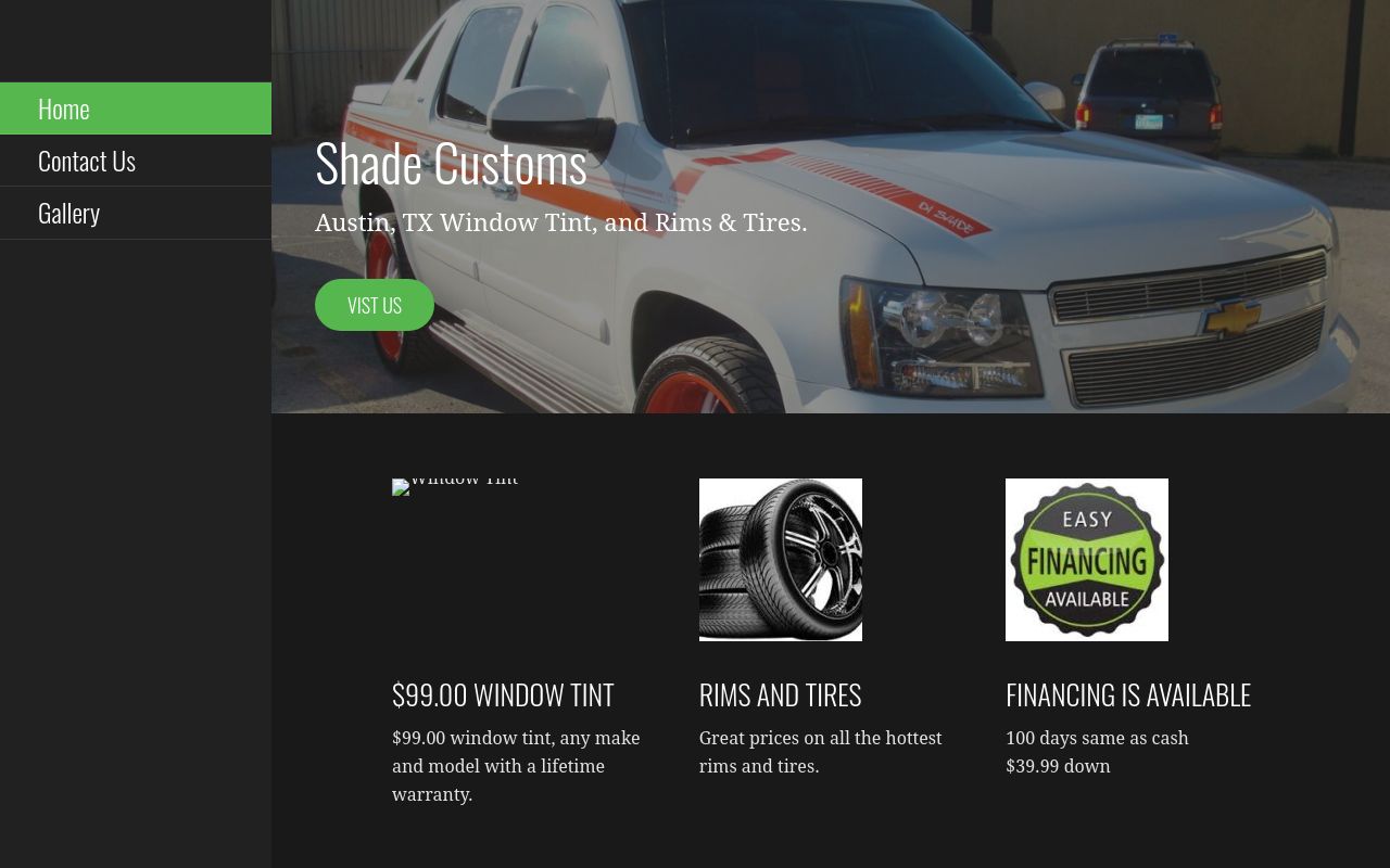 Homepage of Shade Customs's website