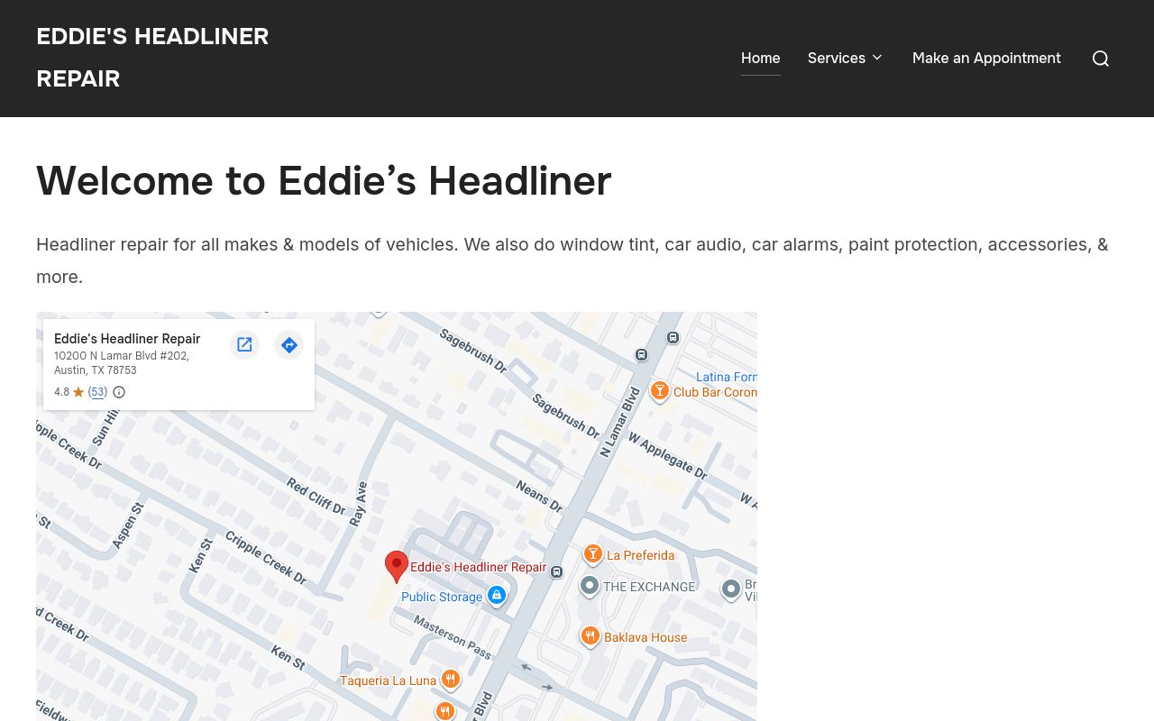 Homepage of Eddie's Headliner Repair's website