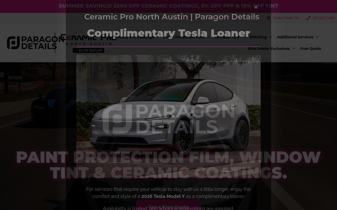 Homepage of Paragon Details Ceramic Pro PPF Tint & Coatings's website