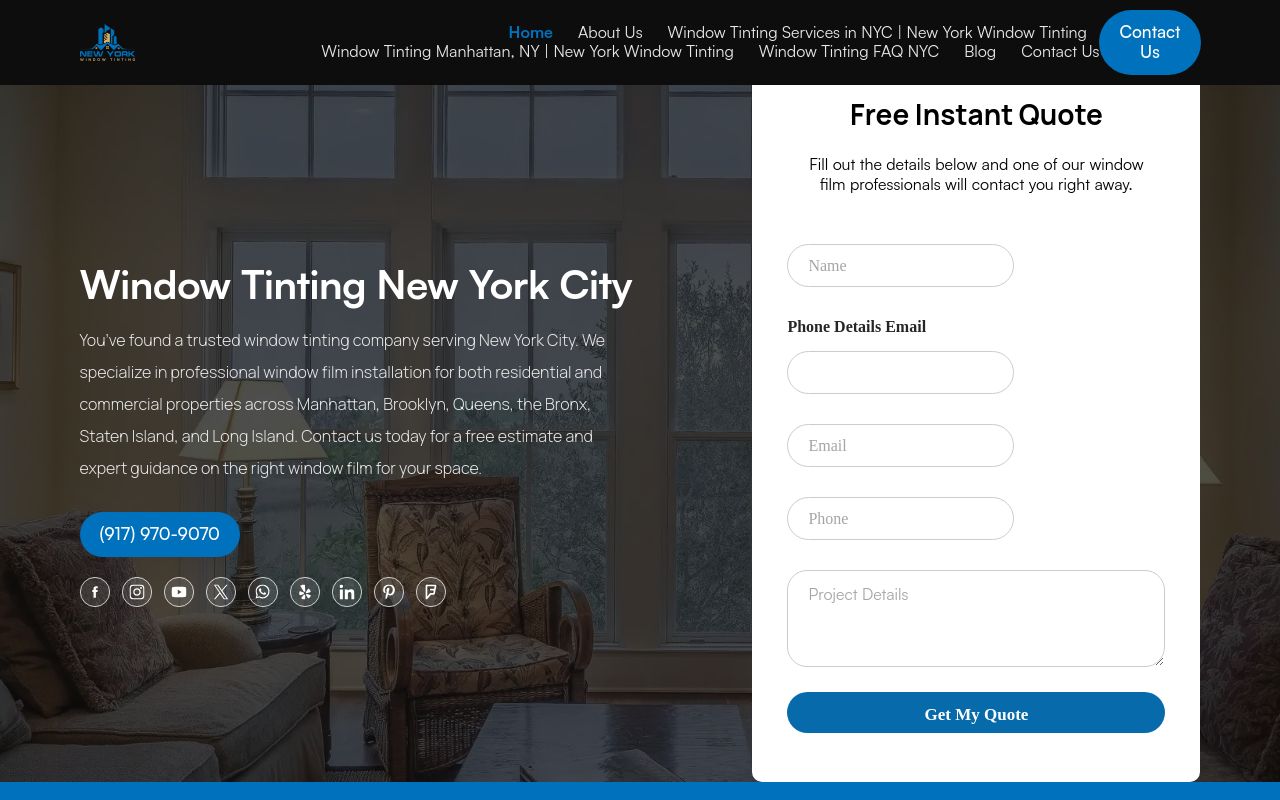 Homepage of New York Window Tinting's website