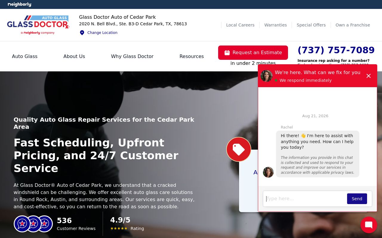 Homepage of Glass Doctor Auto of Cedar Park's website