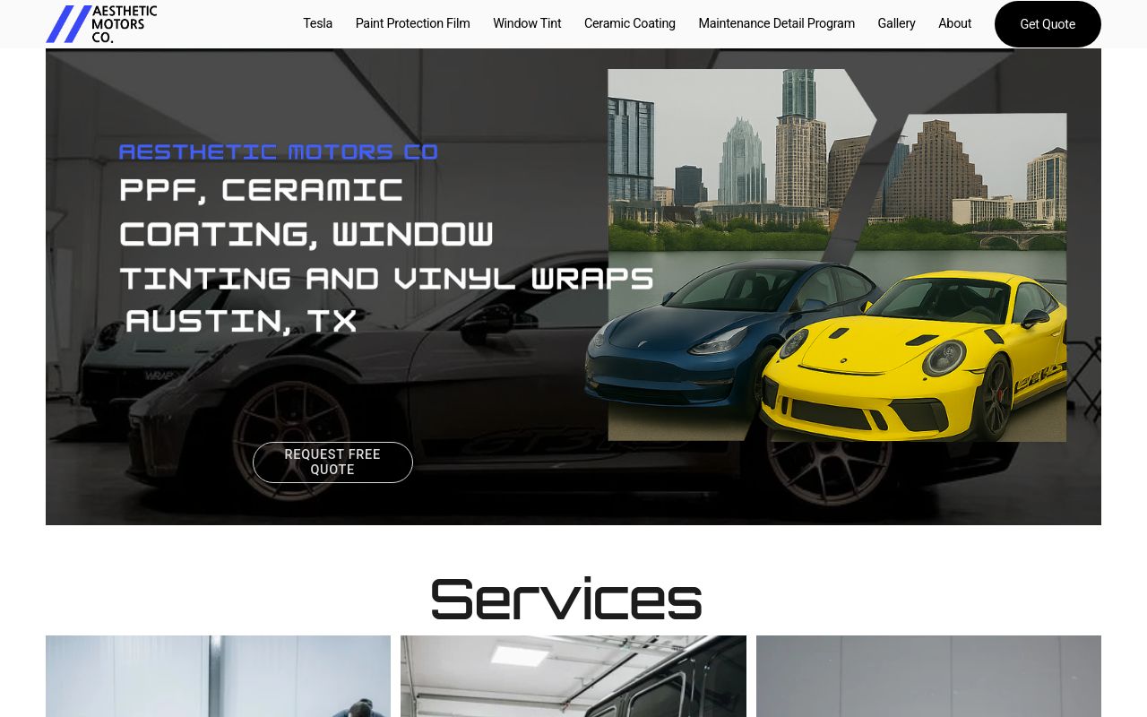 Homepage of Aesthetic Motors Co. Window Tint - Paint Protection Film - Ceramic Coatings's website