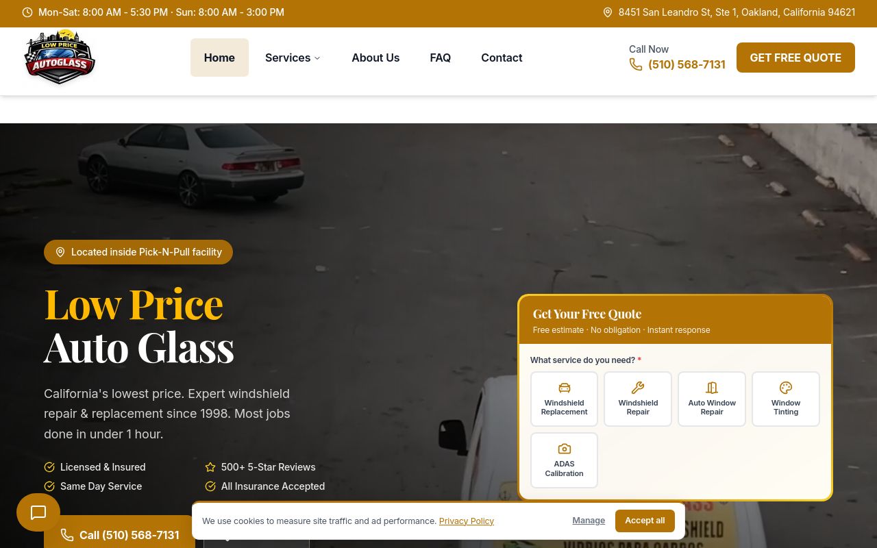 Homepage of LOW PRICE AUTO GLASS REPAIR SHOP OAKLAND's website