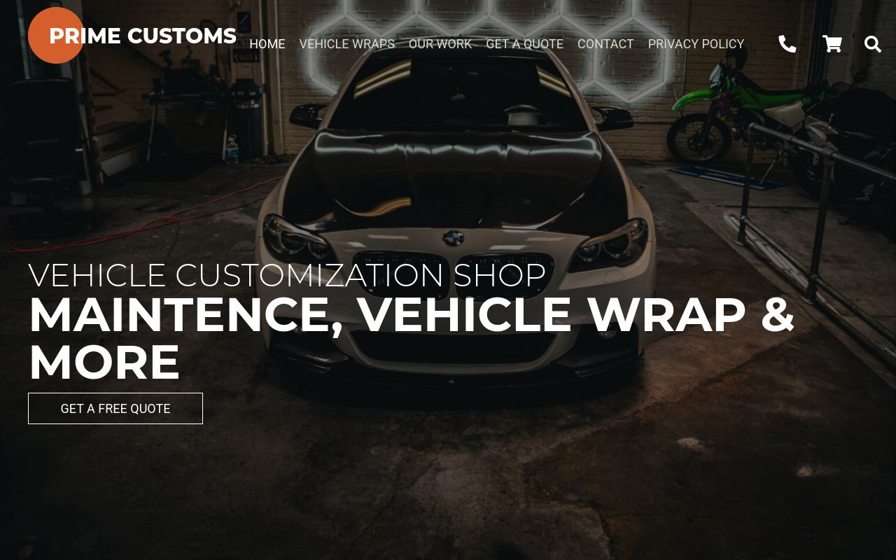 Homepage of Prime Customs & Vehicle Wrap's website