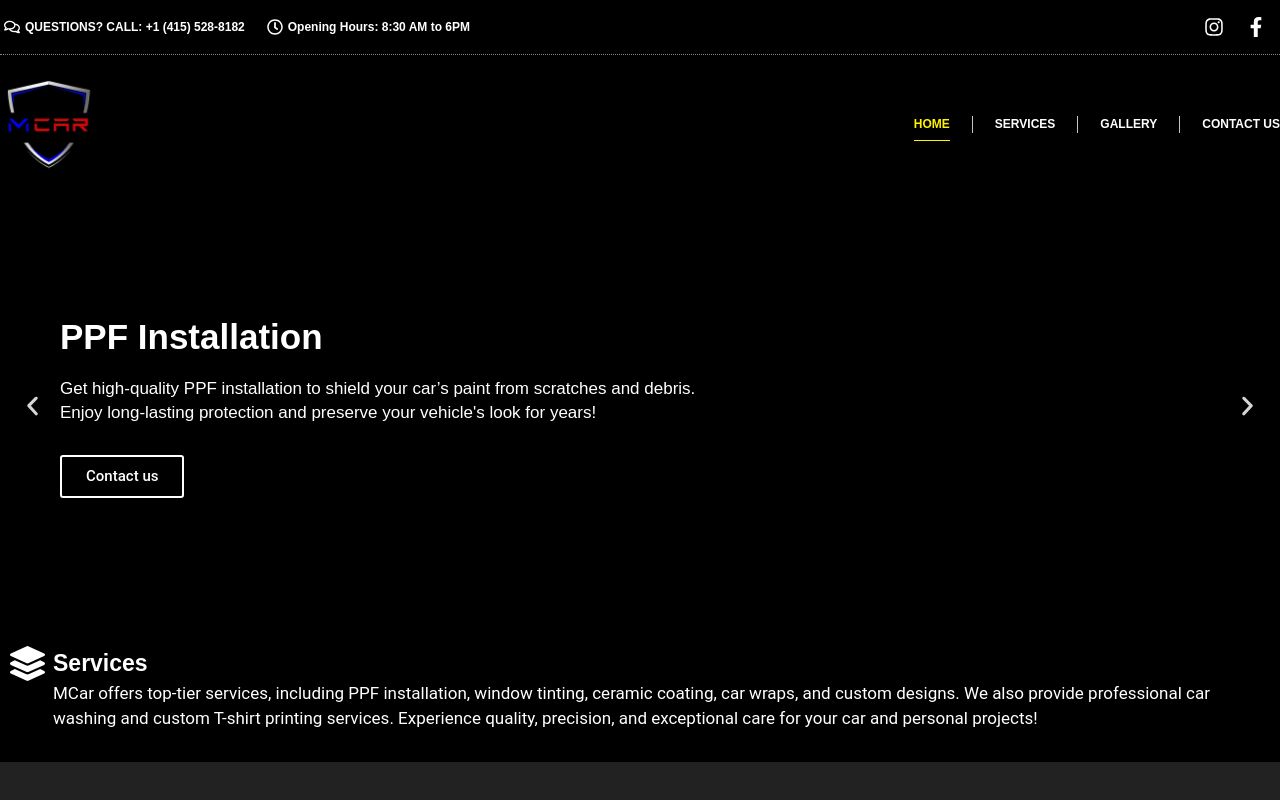 Homepage of Mcar PPF window tint wrap design. Detailing pro's website