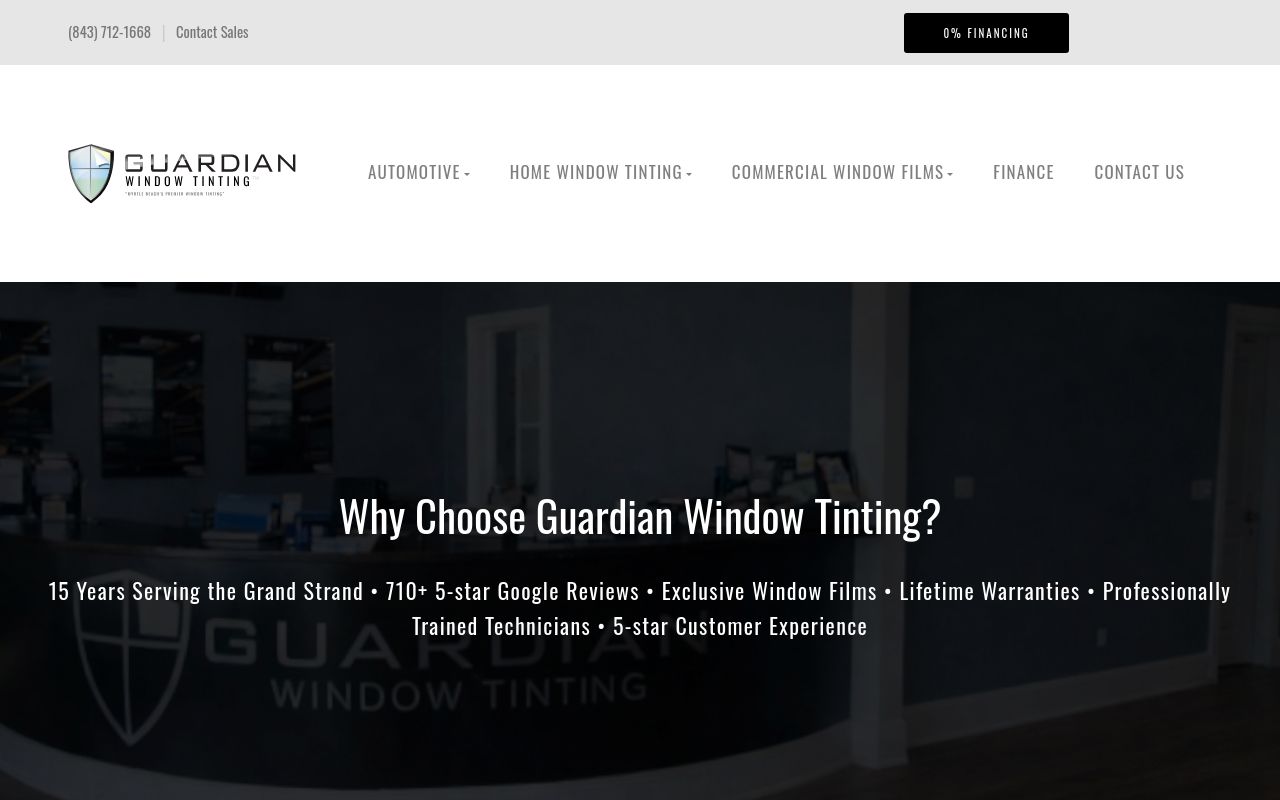 Homepage of Guardian Window Tinting's website